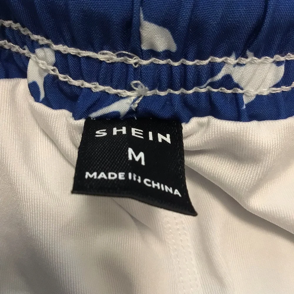 SHEIN Blue and White Shark Print Swim Trunks Built In Boxer Brief Medium